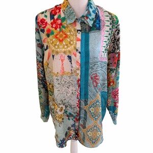 Johnny Was Silk Vibrant Mixed Print Button Up Tunic Shirt M